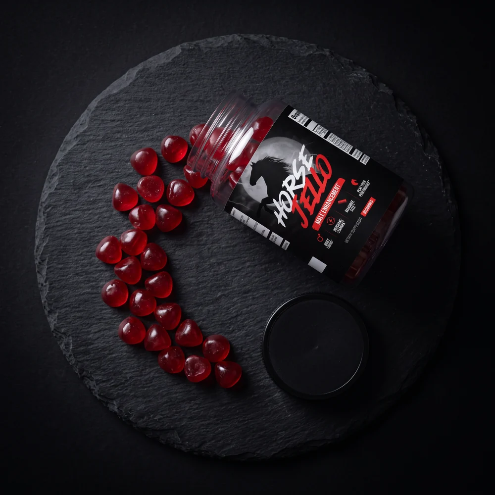 HorseJello® jar on dark surface