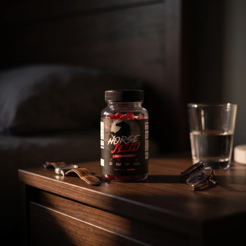 HorseJello® jar on nightstand at dawn